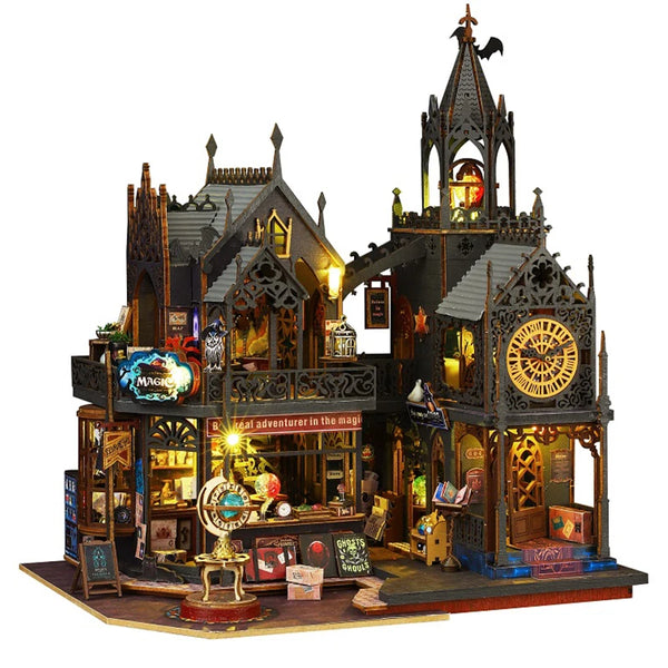 A detailed wooden 3D puzzle dollhouse kit depicting a magical city castle with intricate architecture and clockwork features.