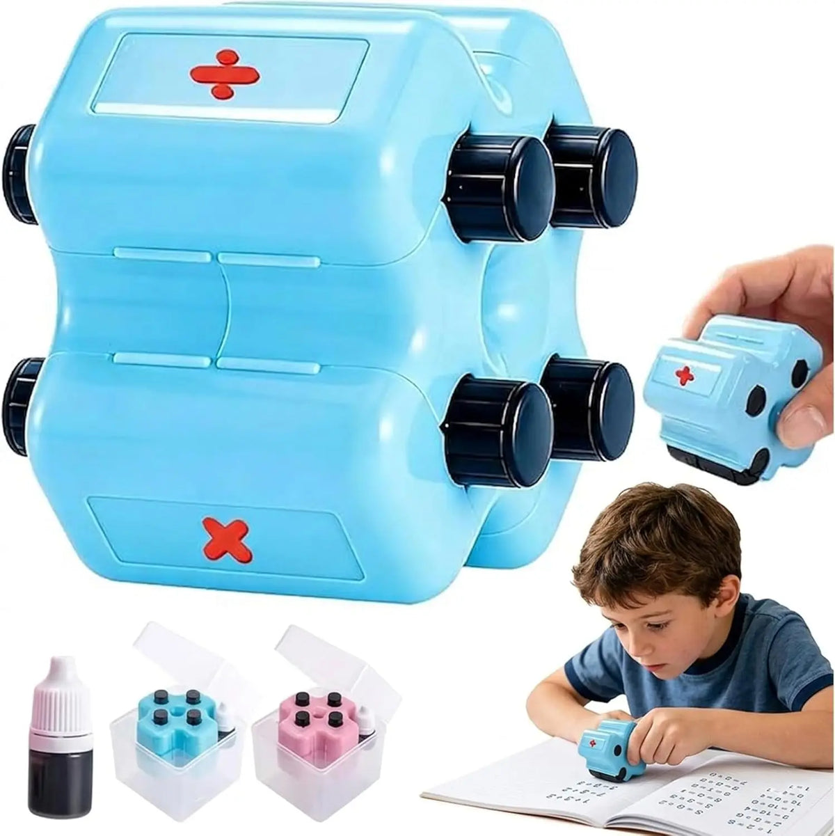 A light blue 4-in-1 math roller stamp set with multiple stamps and a small child using the set to write on paper.