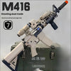 M416 rifle with a tactical scope and magazine displayed on a green box.