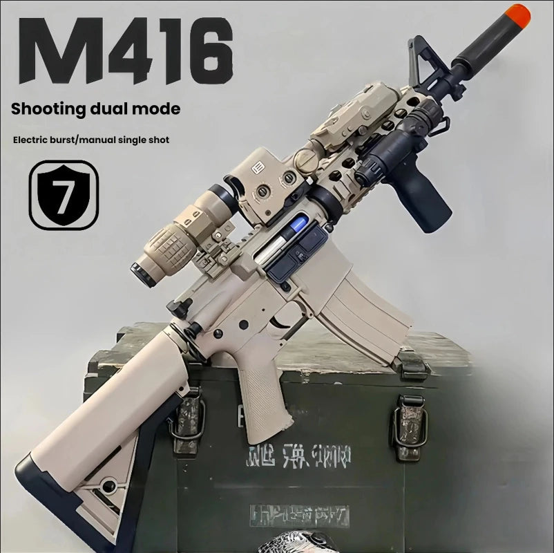M416 rifle with a tactical scope and magazine displayed on a green box.