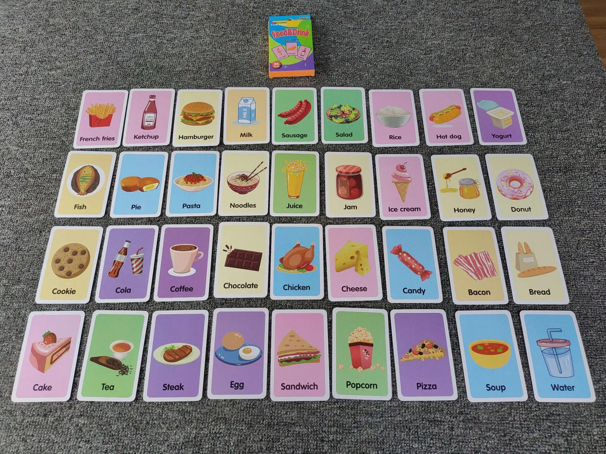 A grid of colorful flash cards featuring various food items and drinks for early learning.