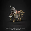 A detailed magnetic metal figurine of a horse head with ornate armor and a reddish-brown mane.