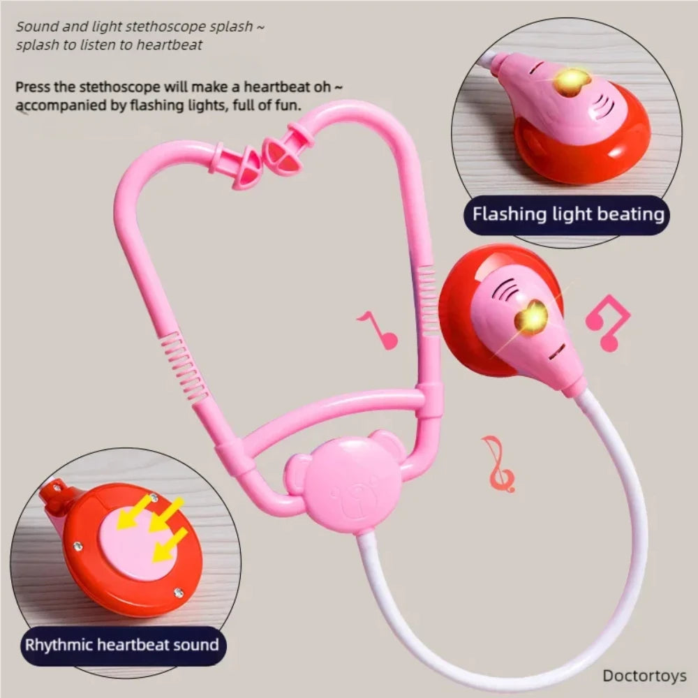 A pink stethoscope and light-up heart toy are shown with a white cord, demonstrating a rhythmic heartbeat sound.