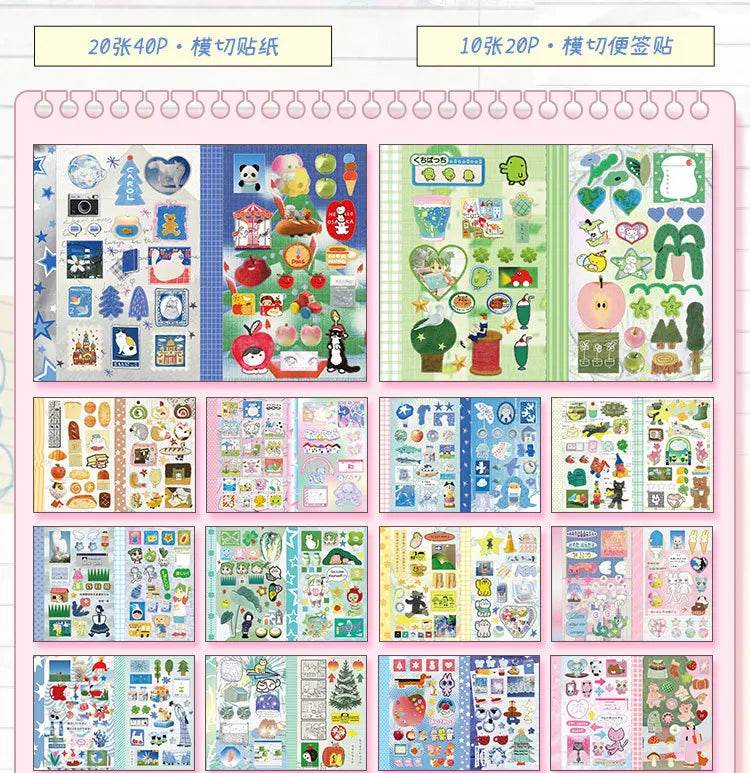 A collection of kawaii cartoon stickers and writable notes for DIY scrapbooking, featuring various cute characters and design