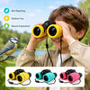 A boy is using yellow binoculars for bird watching and nature exploration, with various colored options shown below.