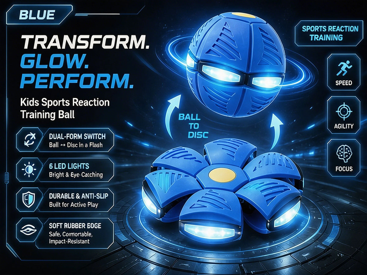 A blue sports reaction training ball with glowing lights, shown in a dynamic display against a dark background.