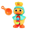 Jouet de bain en forme de canard jaune avec une cuillère orange et un corps vert pour tout-petits.