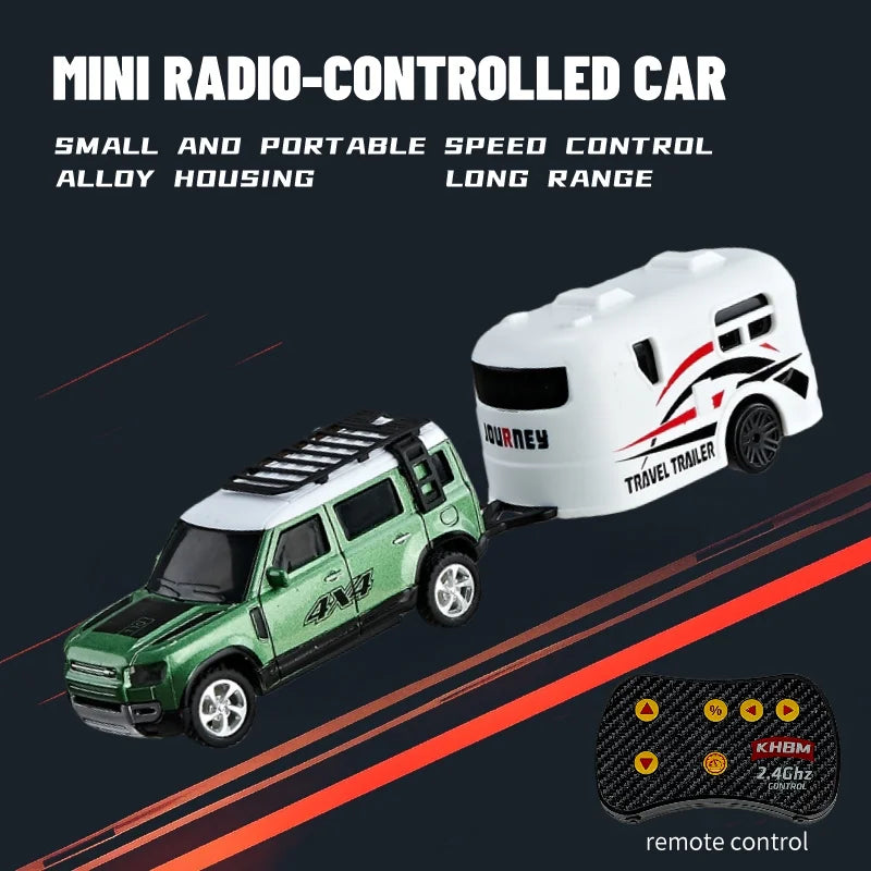 A green mini radio-controlled car with a white trailer and a remote control are shown on a dark background.