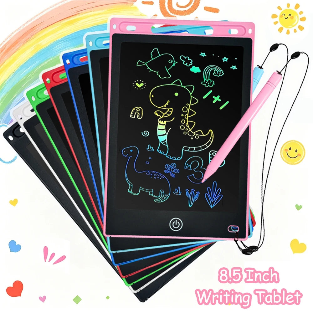 A stack of colorful 8.5-inch LCD writing tablets with stylus pens and rainbow background elements.