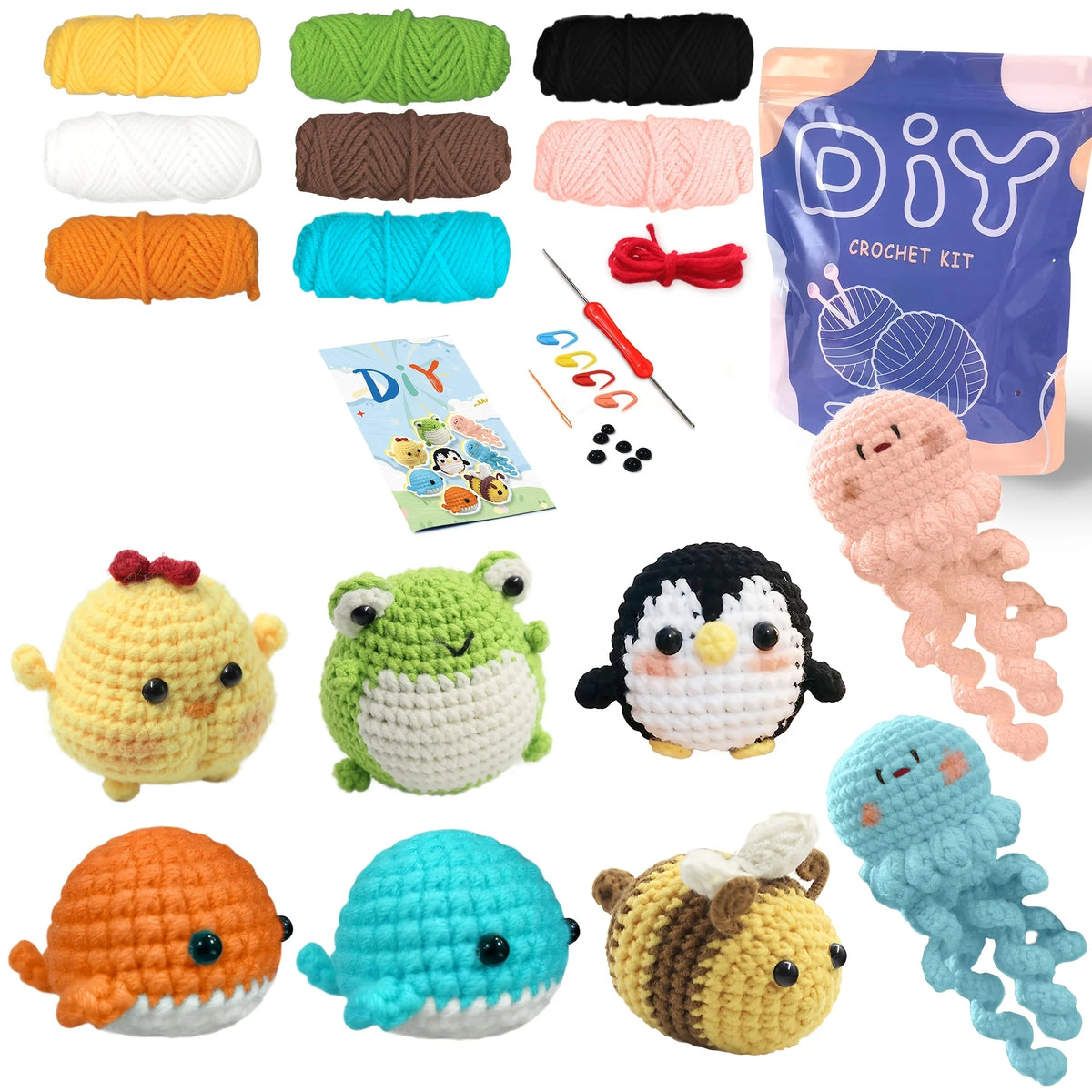 Collection de fils et patrons de crochet colorés pour fabriquer des animaux amigurumi.