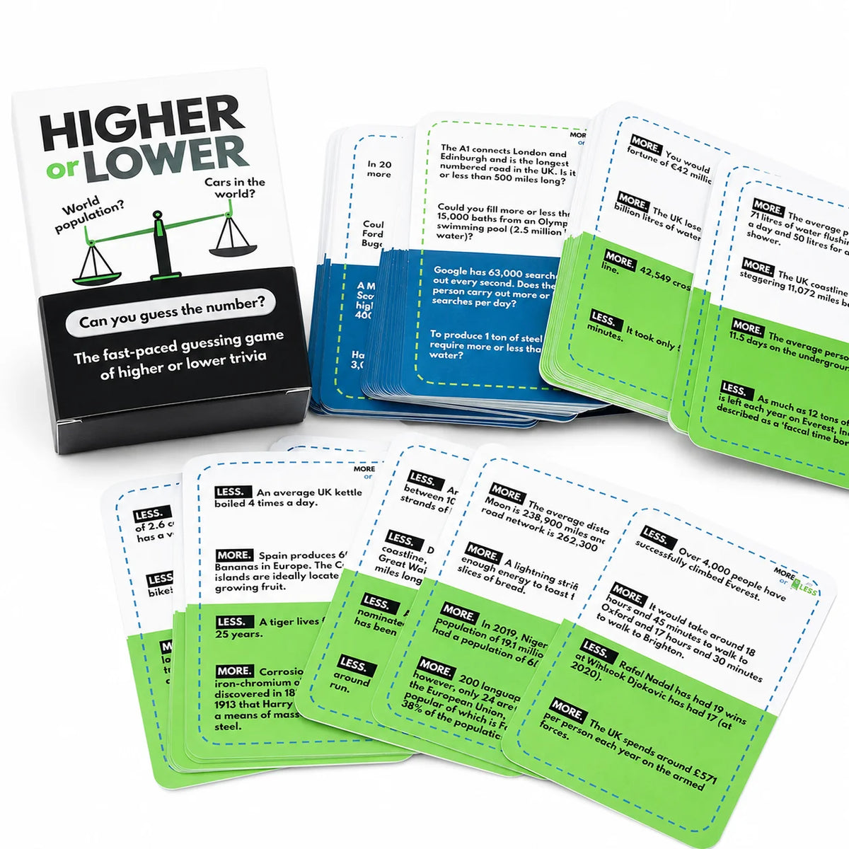 A set of trivia cards titled Higher or Lower featuring questions about world population and trivia.