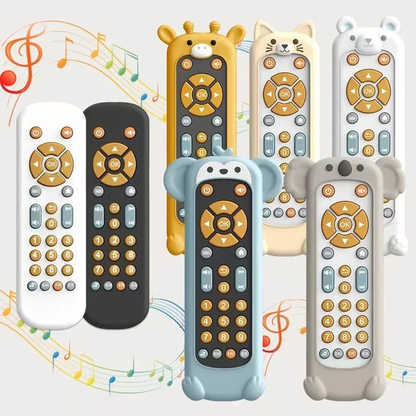 A collection of various animal-themed remote control toys, including a yellow elephant, a cat, and a mouse, with musical note