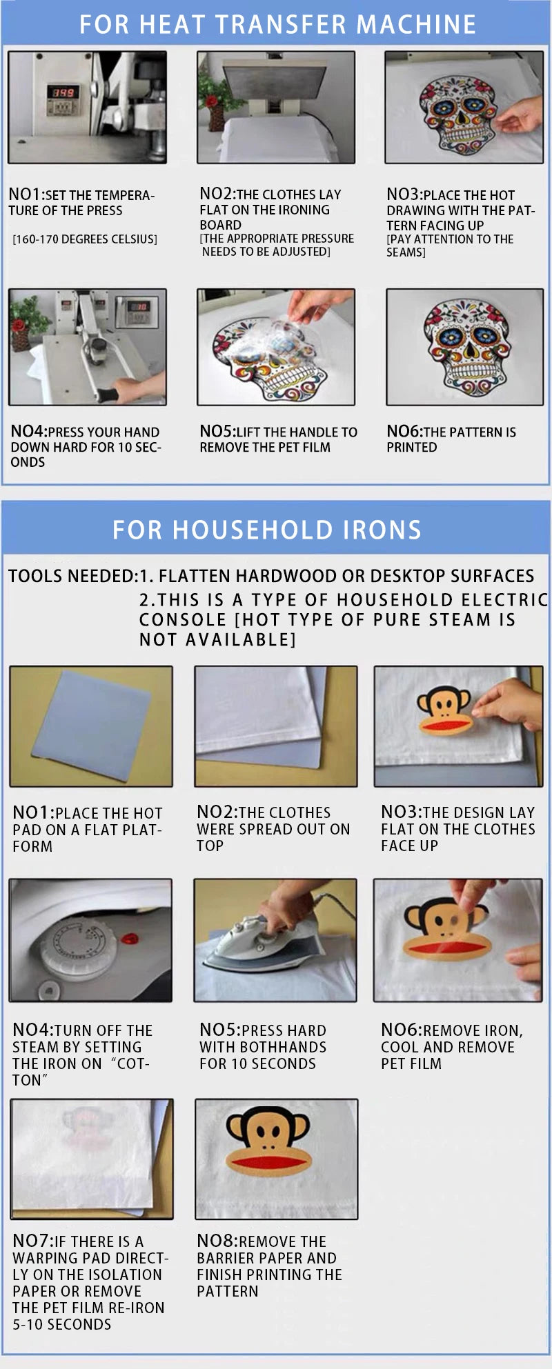 Instructions for using heat transfer stickers on a machine and household irons.