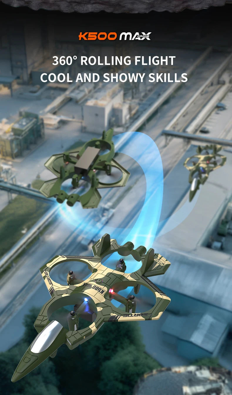 A green electric RC fighter plane performing a 360 degree rolling flight maneuver against a blurred background.
