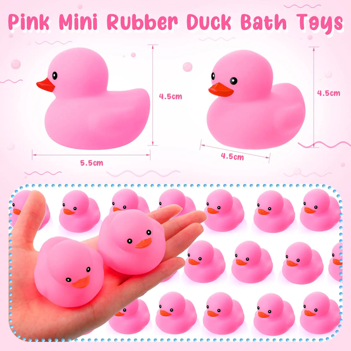 A collection of pink mini rubber duck bath toys shown in various sizes and a hand for scale.