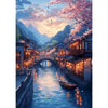 A scenic painting of a traditional Japanese landscape featuring pink cherry blossoms, a stone bridge, and buildings reflected
