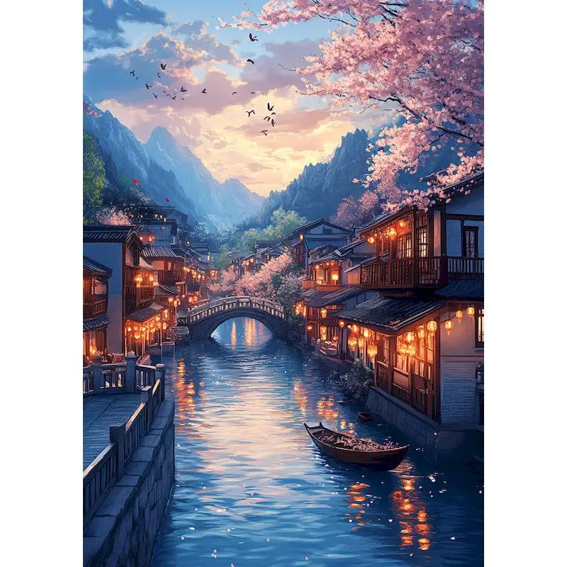 A scenic painting of a traditional Japanese landscape featuring pink cherry blossoms, a stone bridge, and buildings reflected