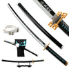 A replica bamboo katana with a black handle, gold fittings, and a decorative sheath shown alongside a white wrist wrap.