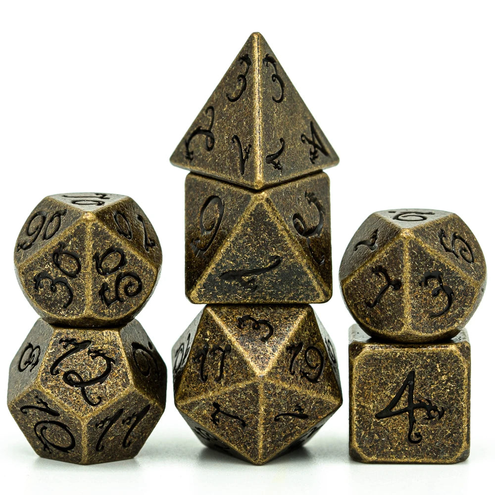 Premium Metal Polyhedral Dice Set with Dragon Font