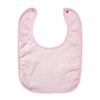 A pink, fuzzy baby bib with an adjustable snap closure.
