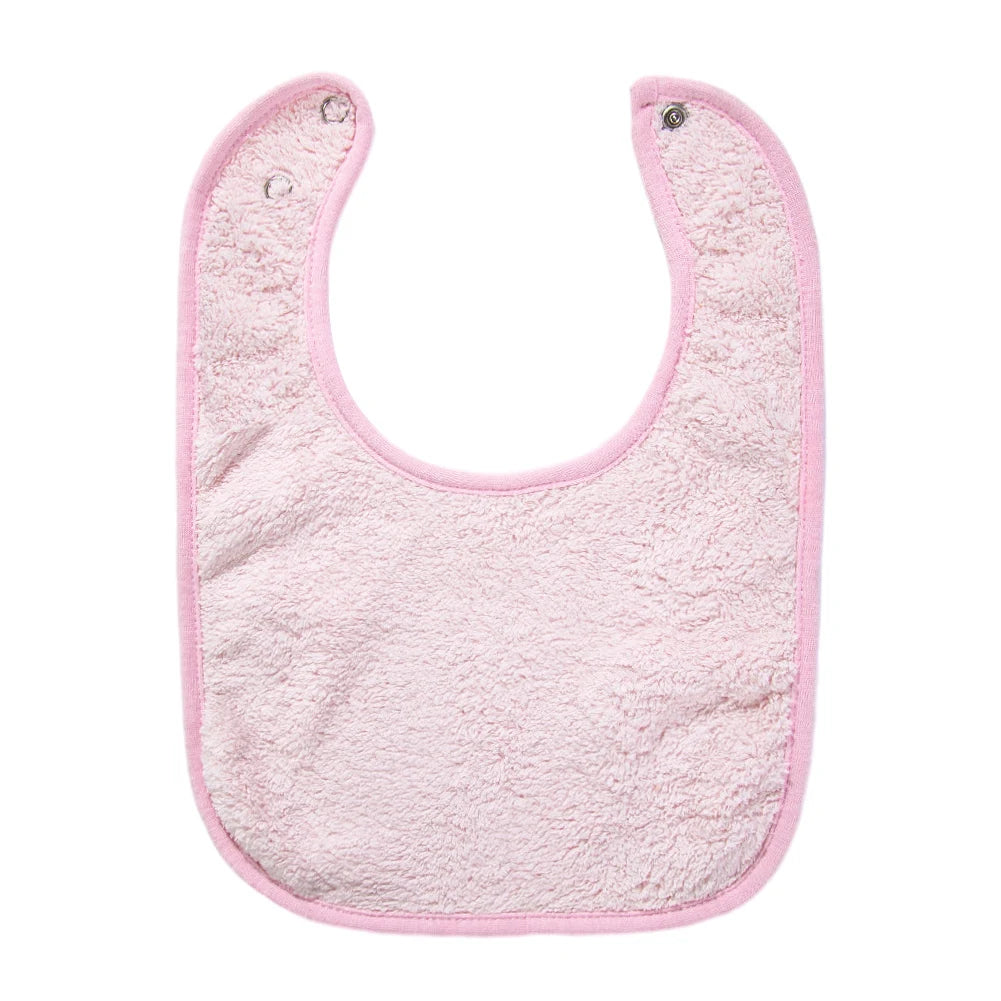 A pink, fuzzy baby bib with an adjustable snap closure.