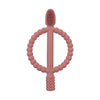 A pink soft silicone baby teether with easy-grip handles.