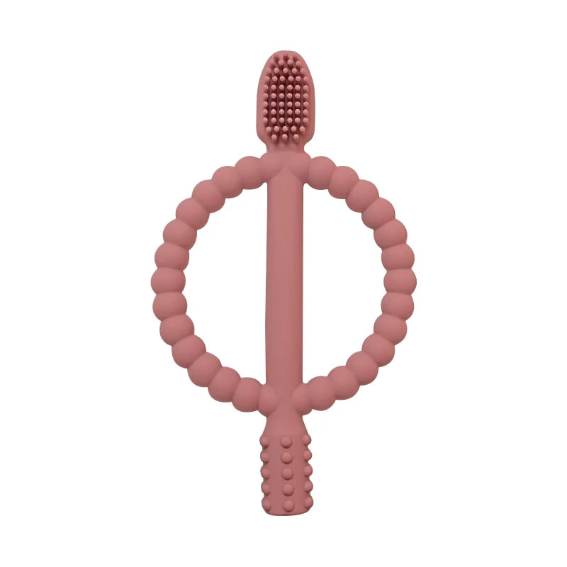 A pink soft silicone baby teether with easy-grip handles.