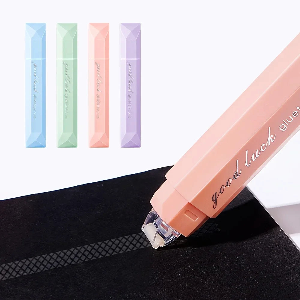 A pink glue roller is shown next to four colored versions of the product.