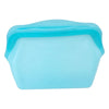 A light blue reusable silicone storage bag with a slightly rounded, rectangular shape.