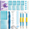 A set of modular diamond painting organizers featuring various slots and dot pens in blue, purple, and clear plastic.