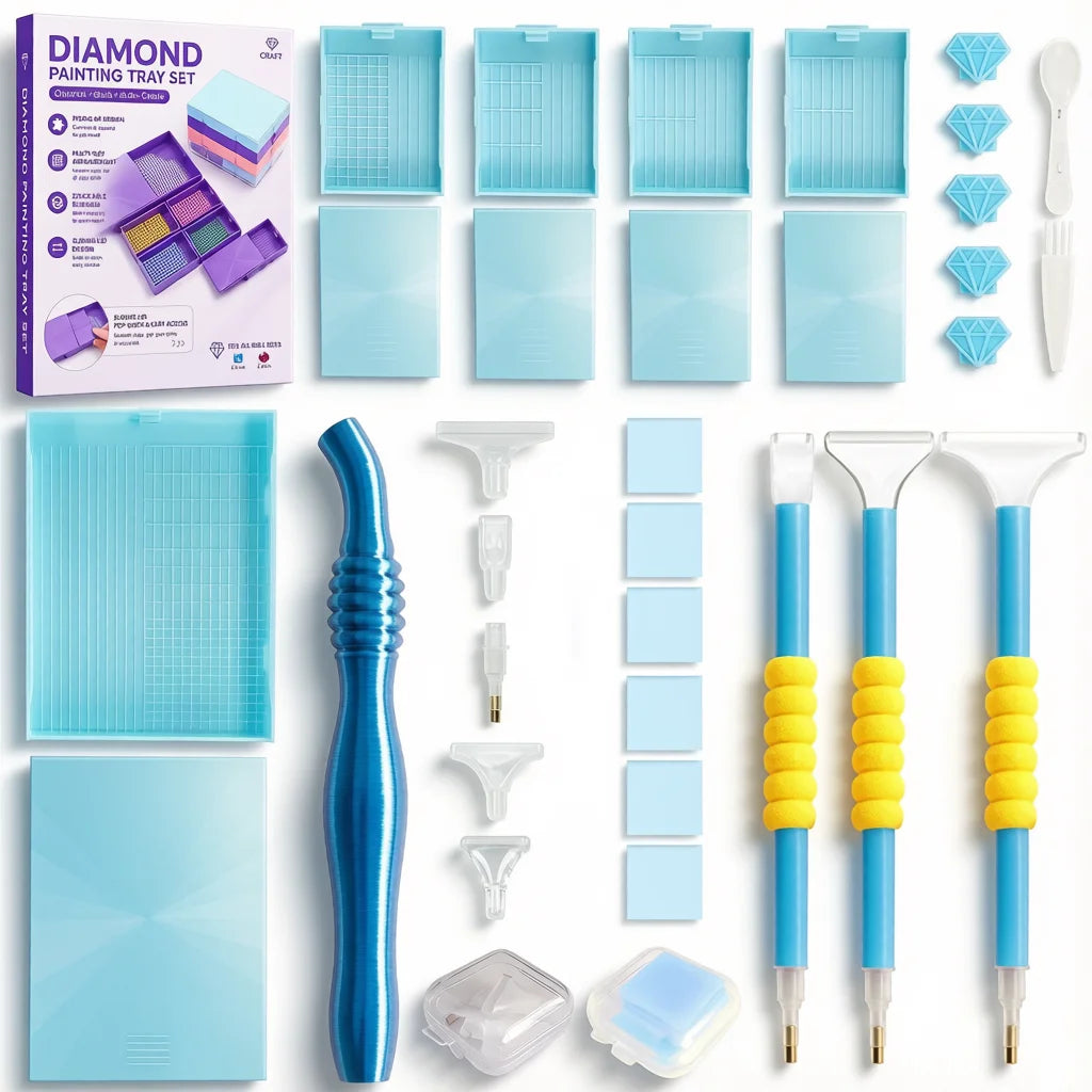 A set of modular diamond painting organizers featuring various slots and dot pens in blue, purple, and clear plastic.