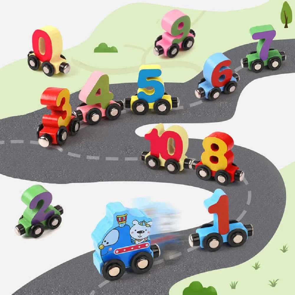 A set of magnetic wooden number train cars in various colors and sizes, including 0 through 10.