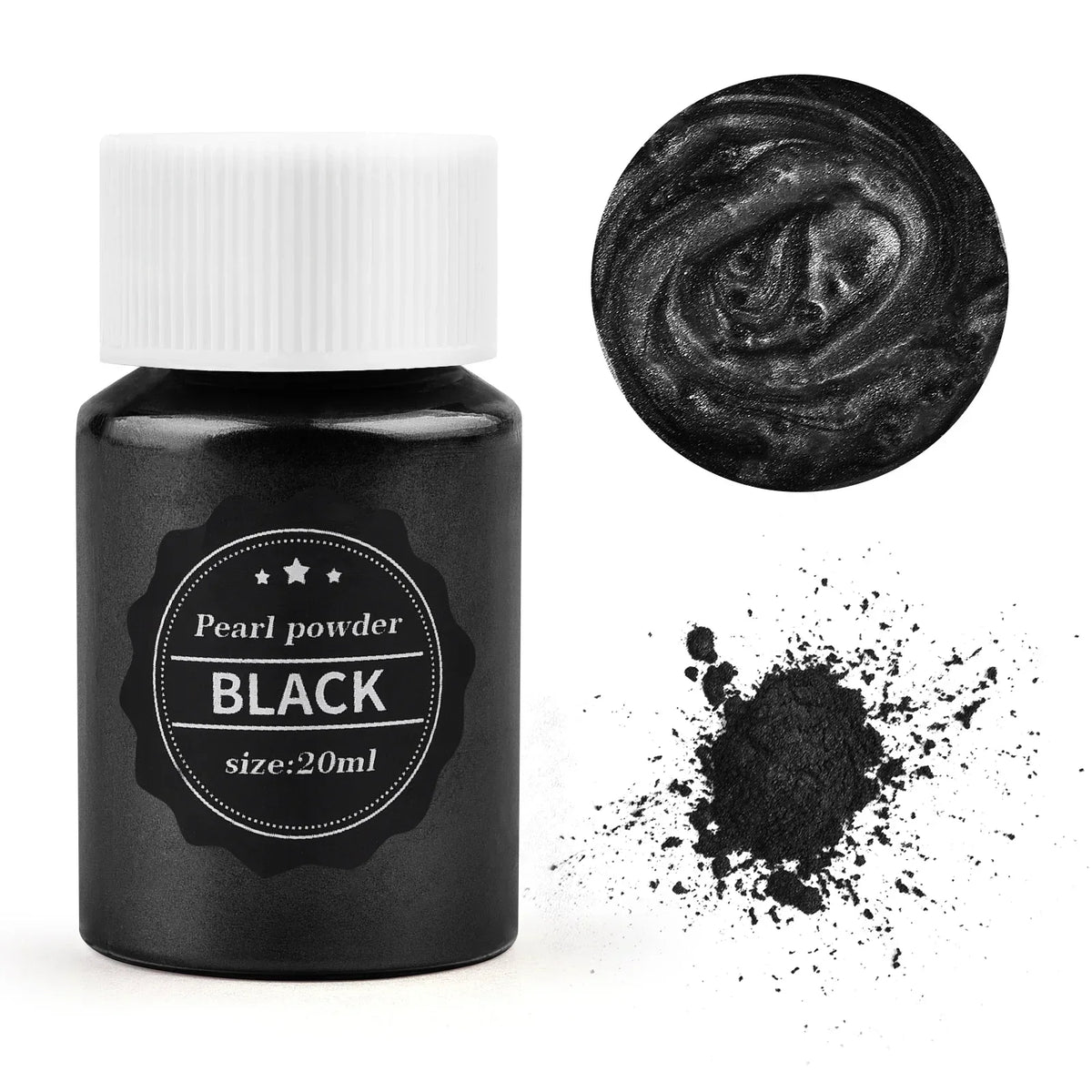 A small black glass jar with a white cap containing black pearl powder and a loose pile of the same powder.