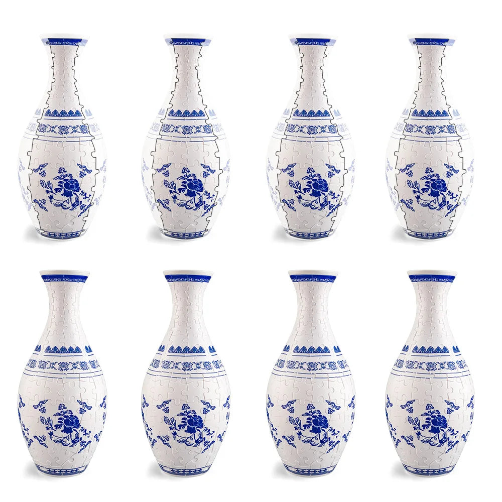 Blue and white porcelain flower vase puzzle featuring a decorative floral design.