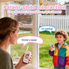 A parent and child interacting with long distance video walkie-talkies through a window.
