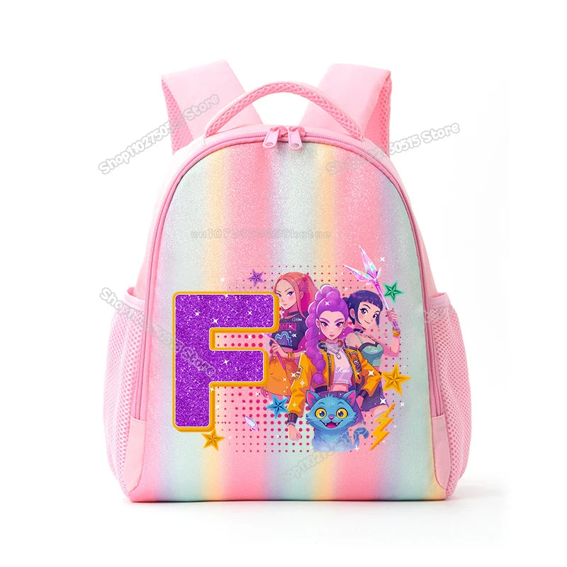 Pink backpack featuring colorful anime characters and a large purple letter F