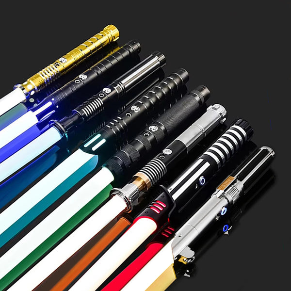 A collection of various metal lightsabers with different colored hilts and blades displayed diagonally against a dark backgro
