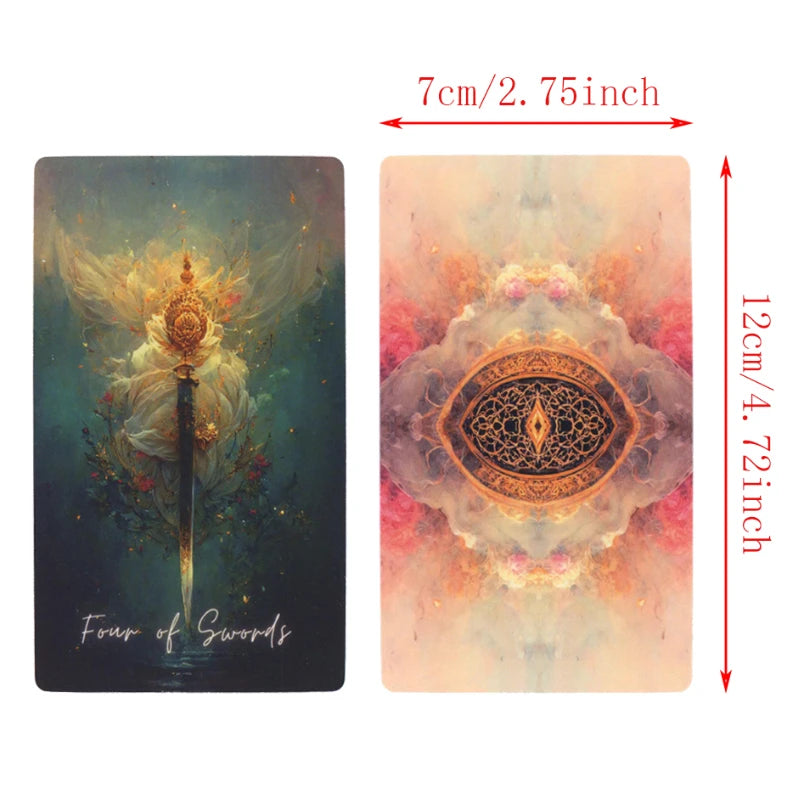 A vertical tarot card featuring a celestial theme with golden light and intricate patterns.