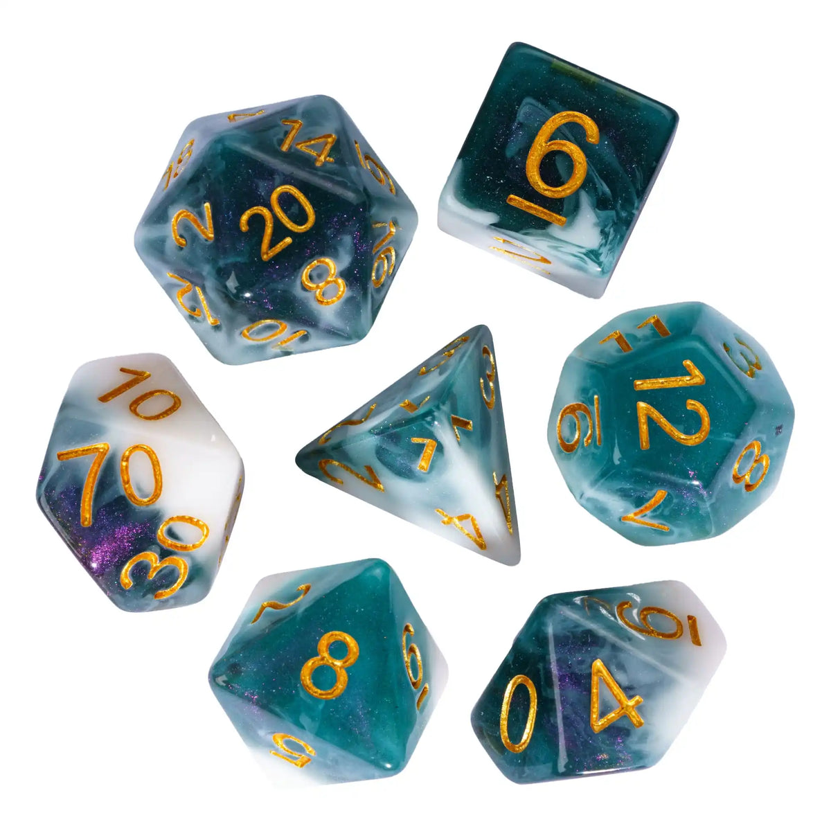 A collection of sixteen polyhedral dice made of glitter resin in various shades of blue and green.