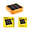 An orange portable tic tac toe game board with black tiles and red X markers.