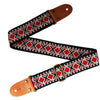 Embroidered guitar strap featuring a black and red geometric pattern with brown leather ends.