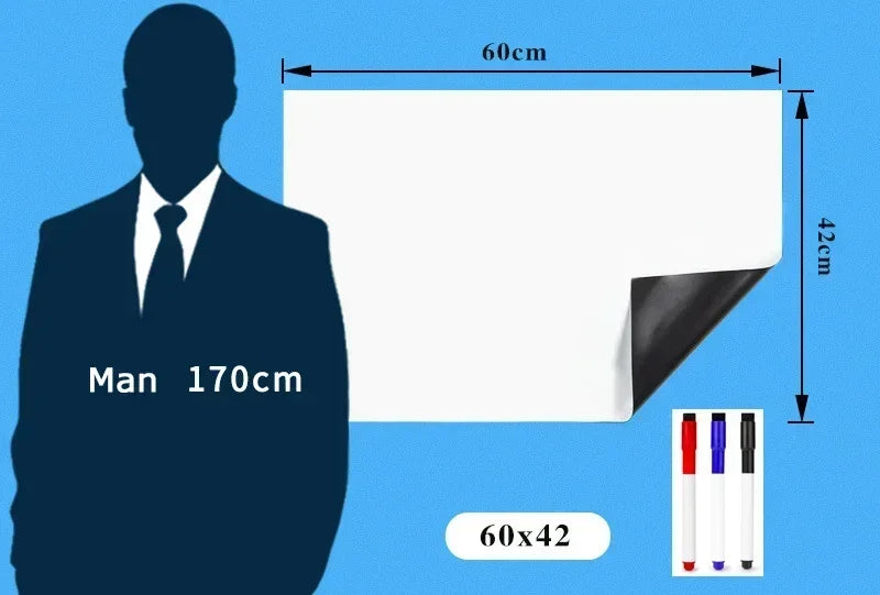 A white magnetic dry erase board measuring 60cm by 42cm shown next to a silhouette of a man.