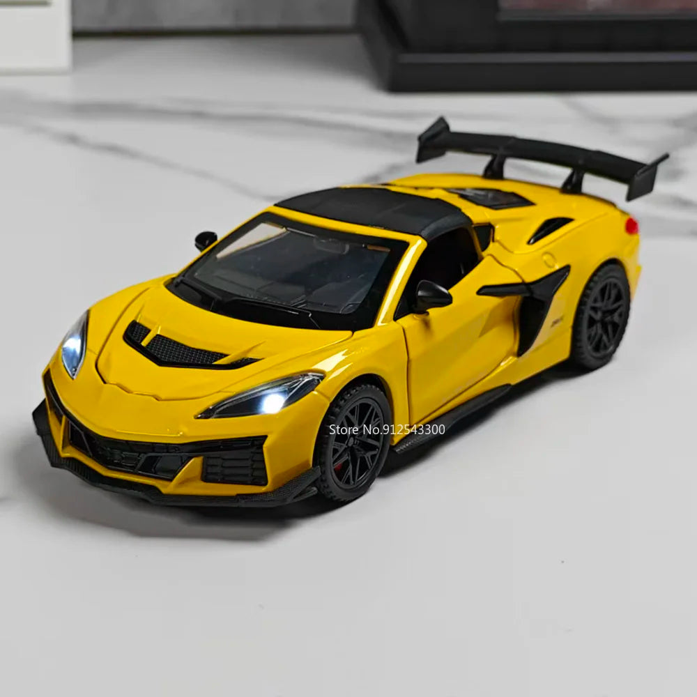 A yellow 1:32 scale diecast supercar model with pull-back action and opening doors shown on a white surface.
