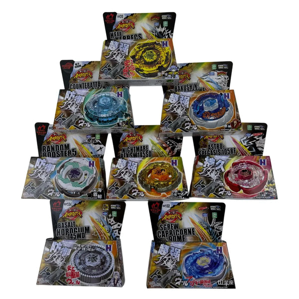 A collection of 4D Metal Fusion Battle Sets featuring launchers and spinning tops in various colors.