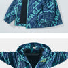 A blue and teal waterproof winter jacket for kids with a hood, shown flat lay.