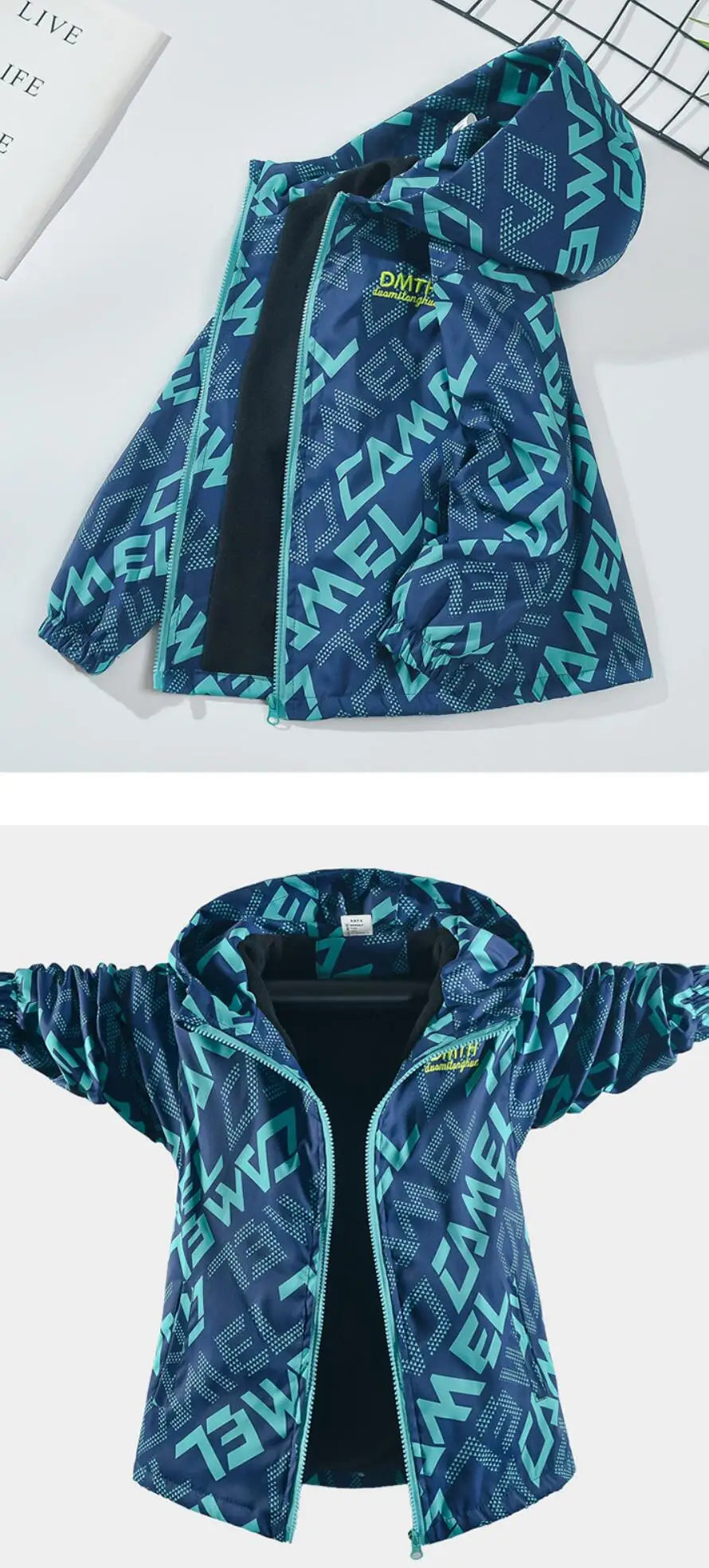 A blue and teal waterproof winter jacket for kids with a hood, shown flat lay.