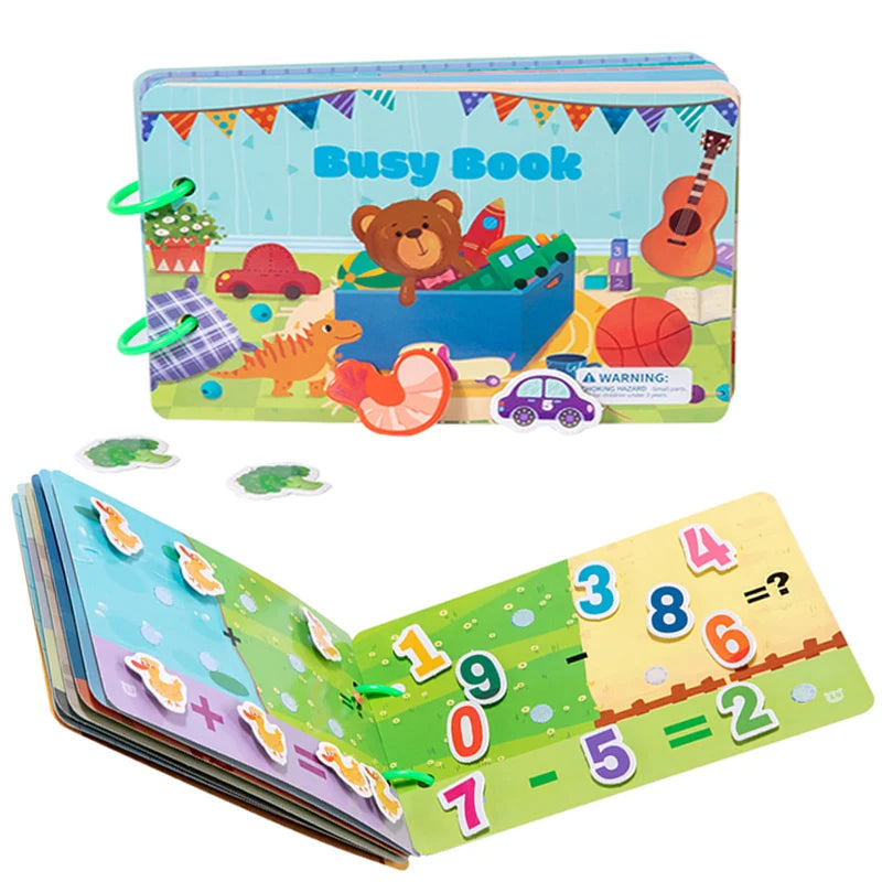 A colorful busy book for toddlers featuring animals and math activities like counting and addition.