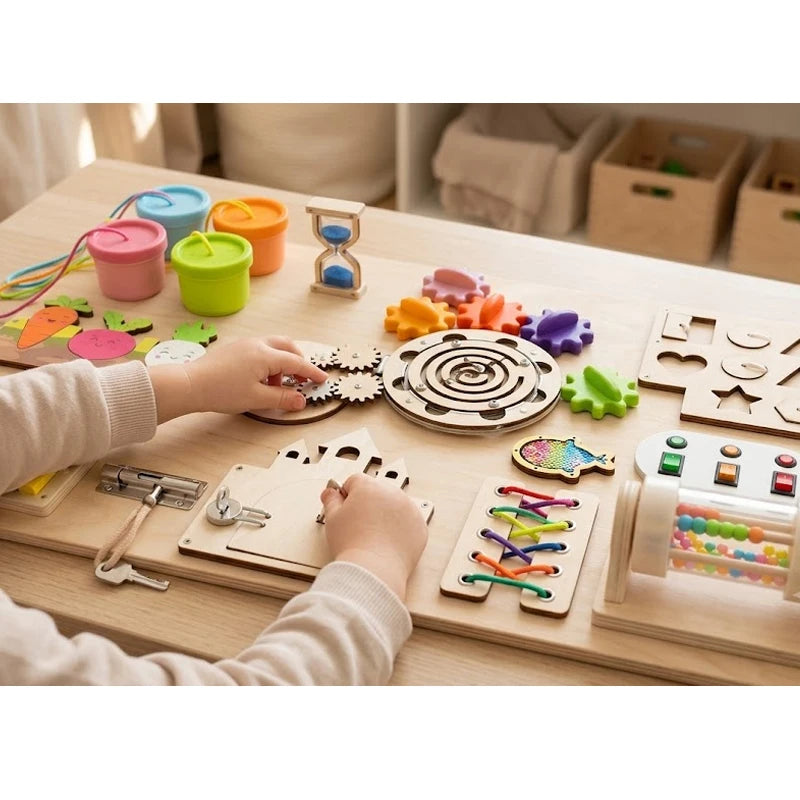 A child's hands interact with a wooden Montessori busy board featuring gears, switches, and colorful sensory components.