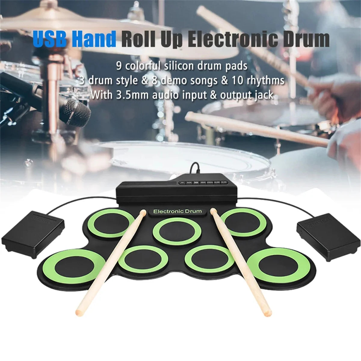 Foldable Silicone Electronic Drum Pad with Drumsticks and Sustain Pedals