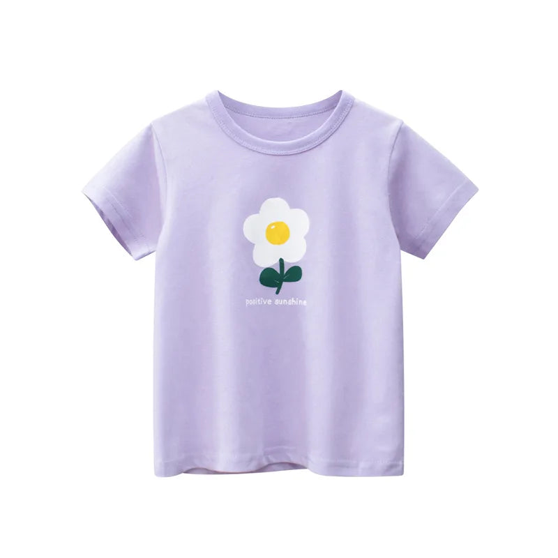 A light purple short-sleeve cotton t-shirt for girls featuring a white daisy print.